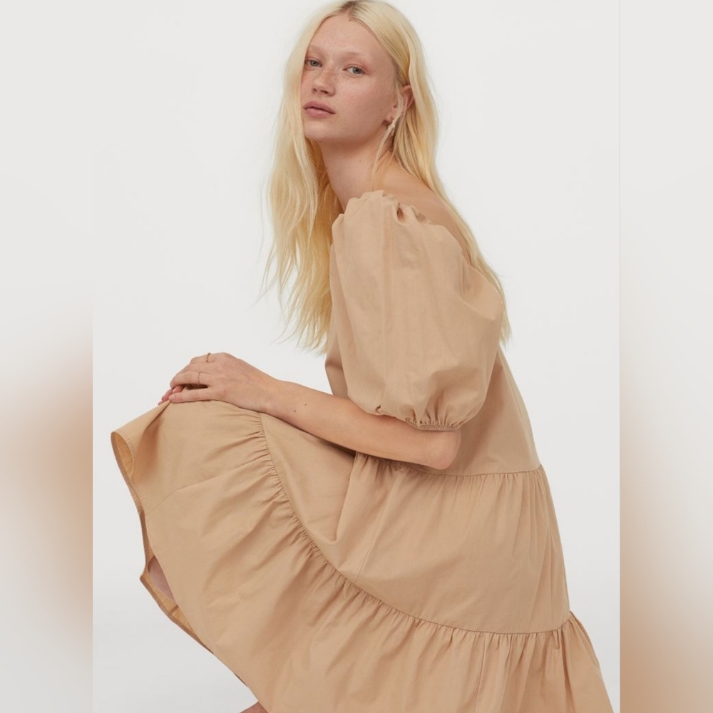 New H&M Beige Midi Dress with Puff Sleeves